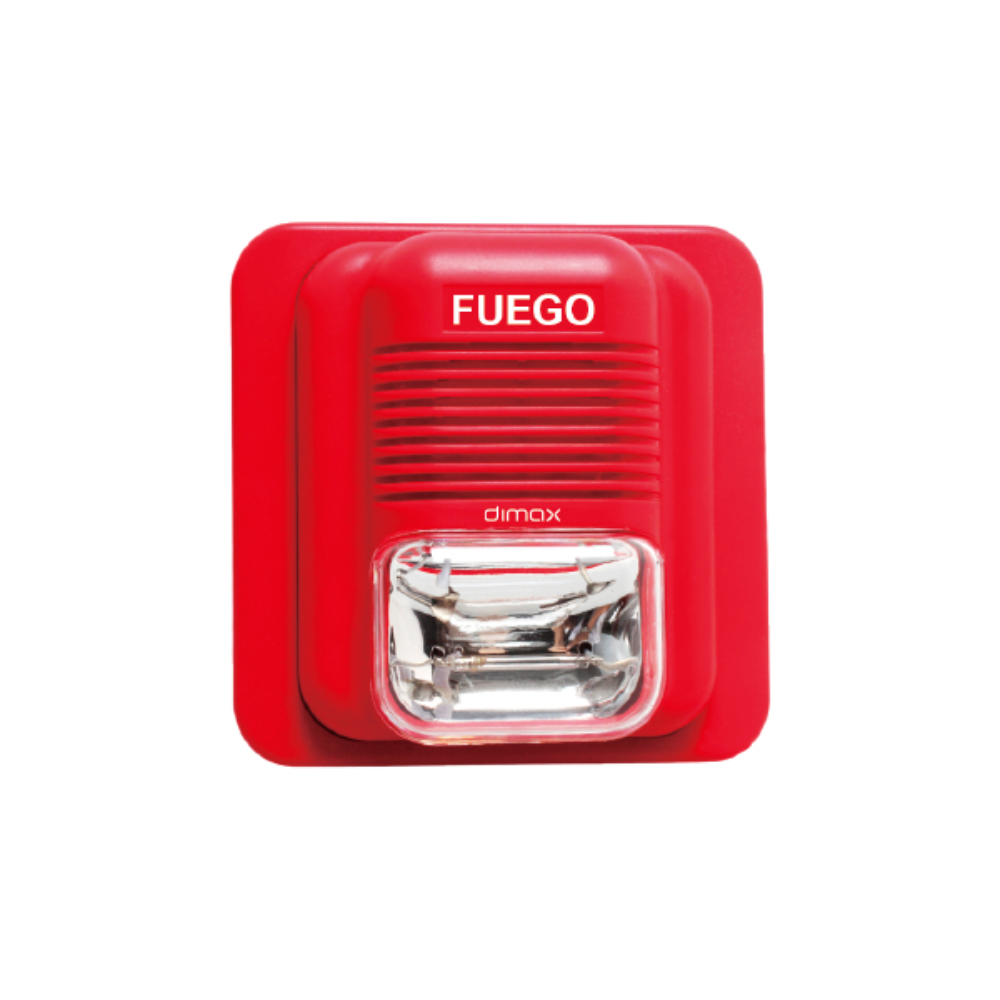 Sirena Dimax de 3 sonidos 100dB con Luz Estrobo Alimentacion 12/24Vdc 0.1Amp W030