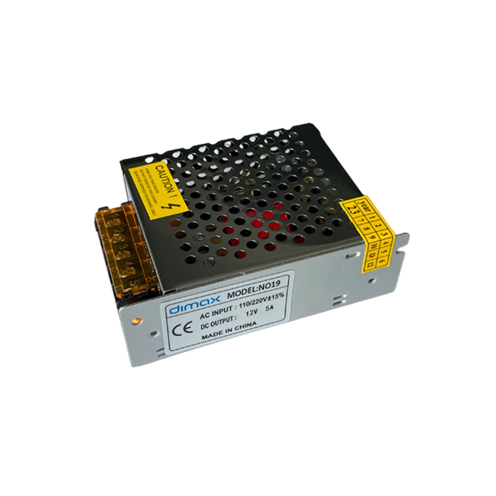 Fuente de Poder Dimax Tipo Rejilla Salida 12Vdc 5Amp Bornera de Conexion General Soporta Camaras Control de Acceso N019