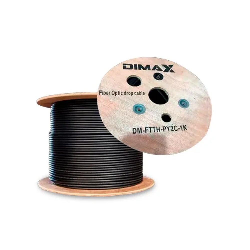 Cable Drop FRP Fibra de Vidrio Dimax 2 hilos con Mensajero Polyester G657A1 LSZH 2.0/5.0mm Carrete de 1KM DM-FTTH-PY2C-1K