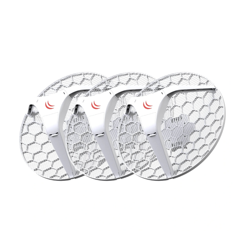 Kit de 3 Antenas para Radio Enlace Mirkotik Frecuencia 5GHz Ganancia 24.5dBi Potencia 25dBm 802.11 A/N 1 Puerto Ethernet 100Mbps PoE CPU 60Mhz RAM 64MB Licencia Nivel 3 RBLHG5KIT