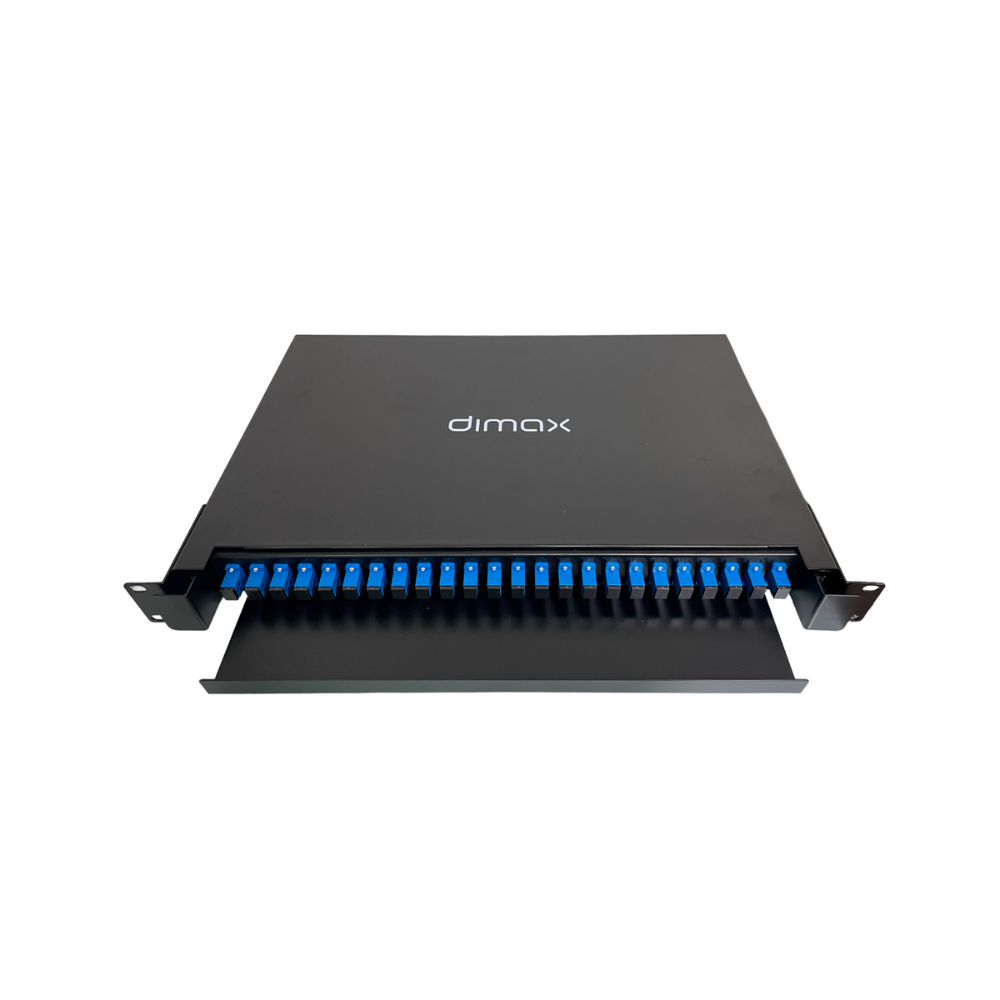 Patch Panel ODF Dimax 1U 24 Puertos Compatible con Adaptador Simplex SC LC Incluye Cassetera color Negro C735