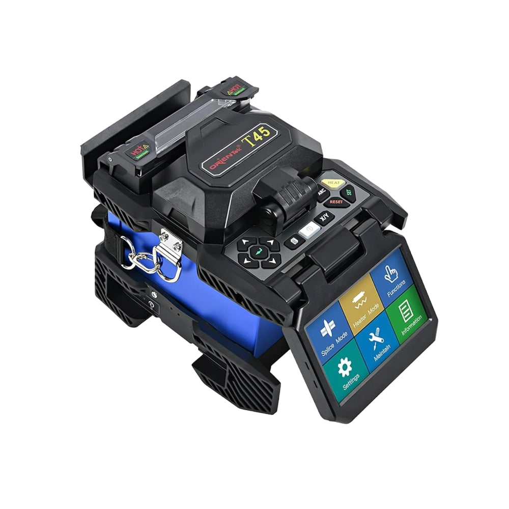 Fusionadora de Fibra Optica Orientek Pantalla Tactil 4.3" 5mm Bateria de Litio Empalme Rapido 5Seg Estandar 7Seg Comp 0.25/0.9/3.0mm Flat/Drop Comunicacion USB T45