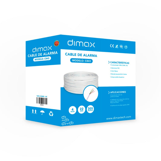 Cable para Alarmas Dimax 4 Hilos 22AWG Multifilar 100% Cobre Cobre Longitud 305 Metros Aislamiento PVC Marcado Secuencial Color Blanco C843