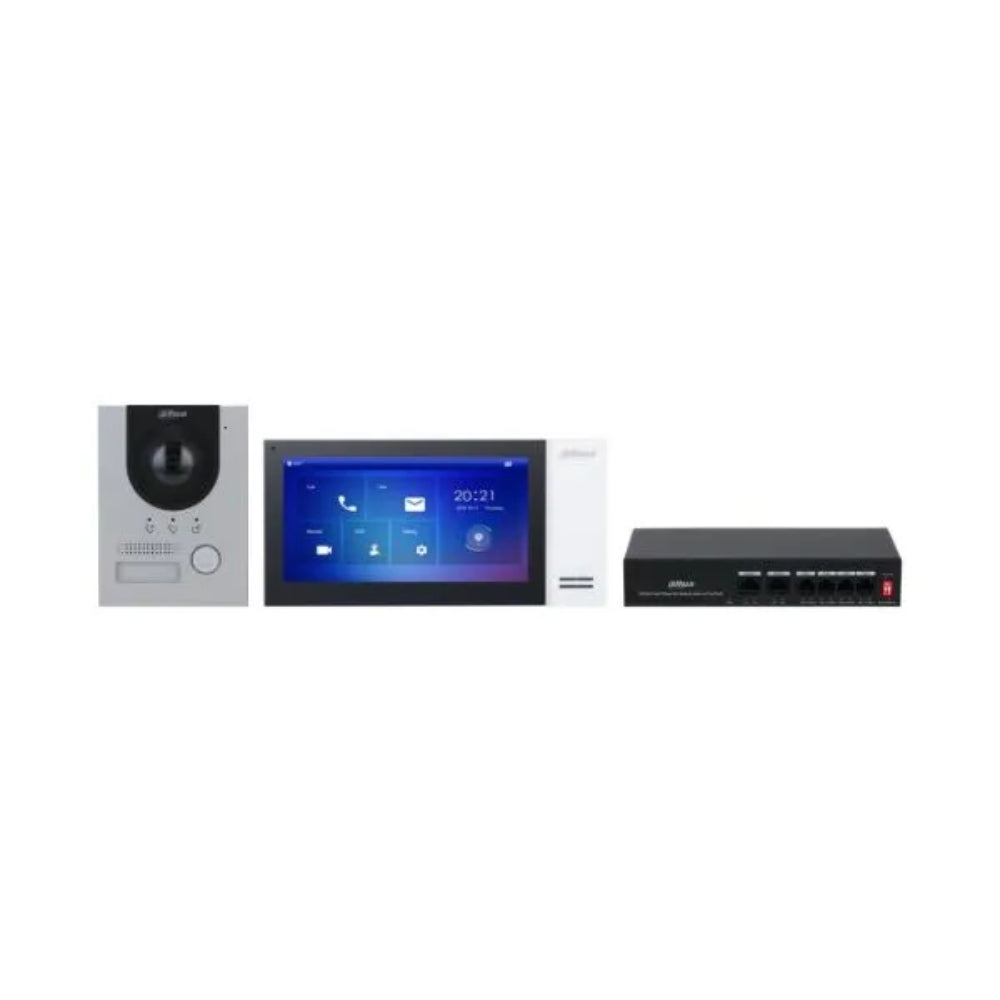 Kit de Video Portero Dahua IP Monitor 7" POE Alarma 7/1 Frente de Calle 2MP 140grados POE IP65 Switch 4 Puertos POE DHI-KTP01LF
