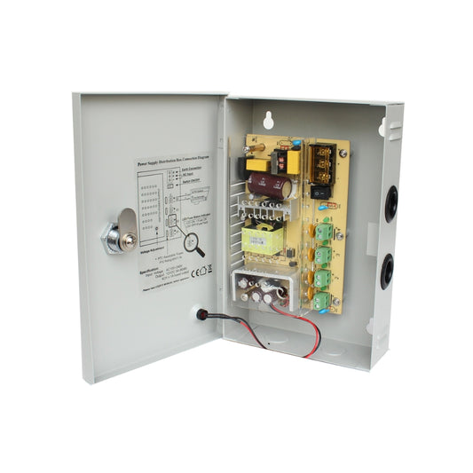 Fuente Supervisada Dimax 12Vdc 4Amp con 4 Salidas para Camaras 12Vdc 1Amp Caja Metalica Fusible General y por Canal M009