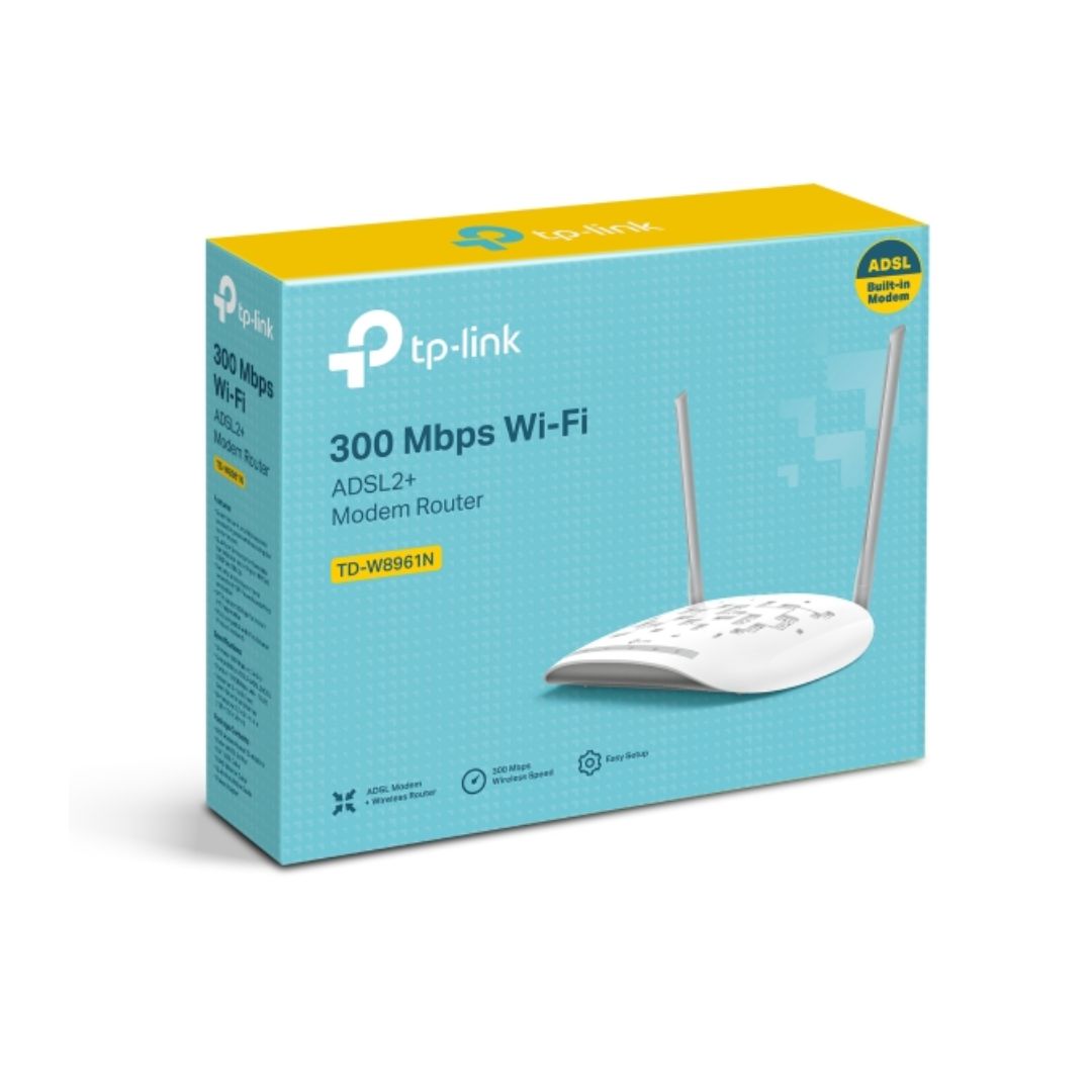Modem Router Inalambrico TP-Link N300 ADSL2+ 2 Antenas Externas 5dBi 4xLAN 1xWAN QoS TD-W8961N