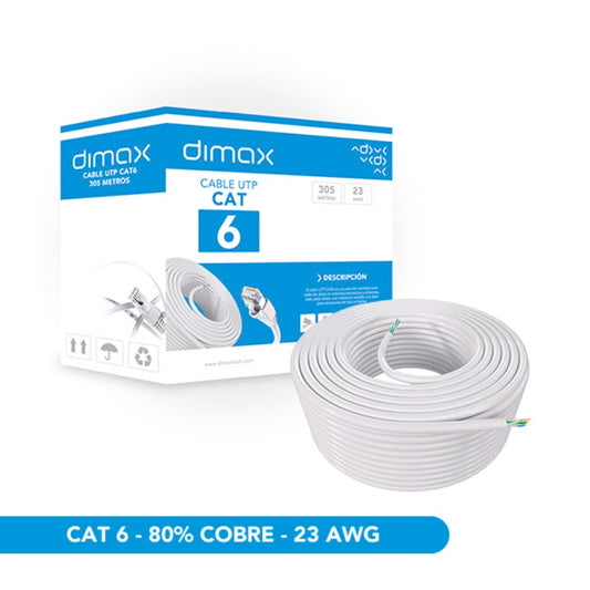 Cable Ethernet UTP Dimax Categoria 6 23AWG CCAE 80% Cobre Longitud 305 Metros color Blanco Bajo Normal UL C723