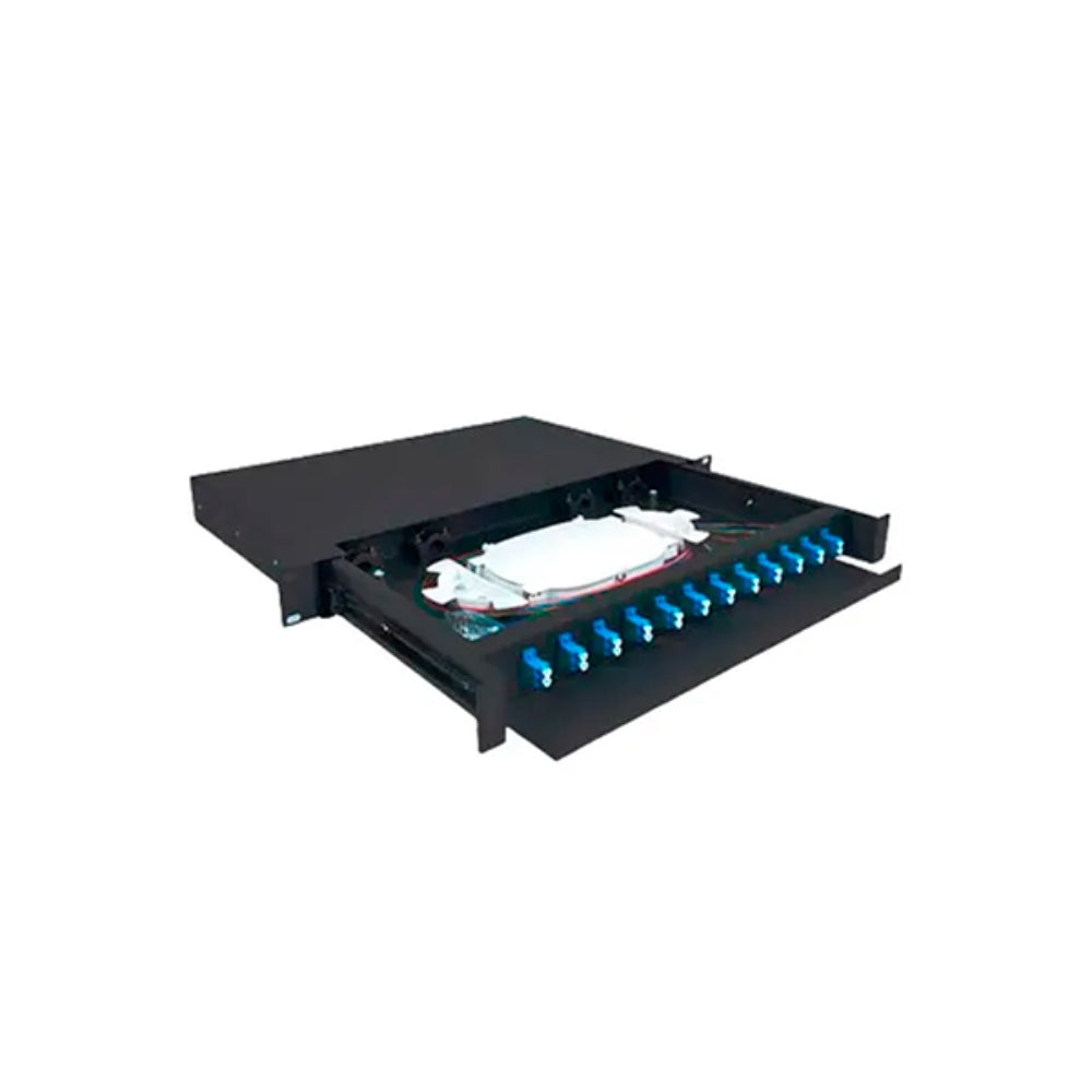 Patch Panel ODF Dimax 1U 12 Puertos Compatible con Adaptador Simplex SC LC Incluye Cassetera color Negro C733