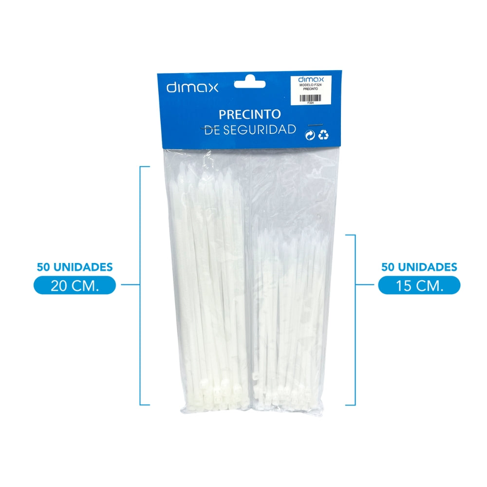 Pack de Precintos Dimax de Plastico 50 piezas de 15cm y 50 piezas de 20cm color Blanco F324