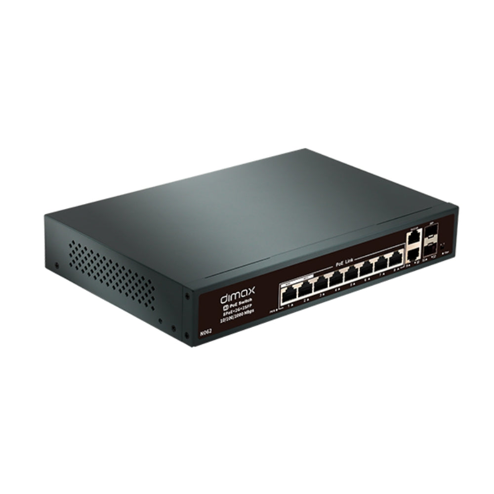 Switch Dimax de 8 Puertos 1Gbps 802.3AF/AT POE hasta 30W por puerto + 2 Enlaces UpLink 1Gbps + 2 Puertos SFP 1Gbps N062