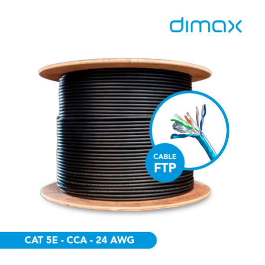 Cable Ethernet UTP Dimax Categoria 5E 24AWG CCA Aleacion Longitud 305 Metros para Exterior Jacket PE color Negro con Carrete de Madera C713