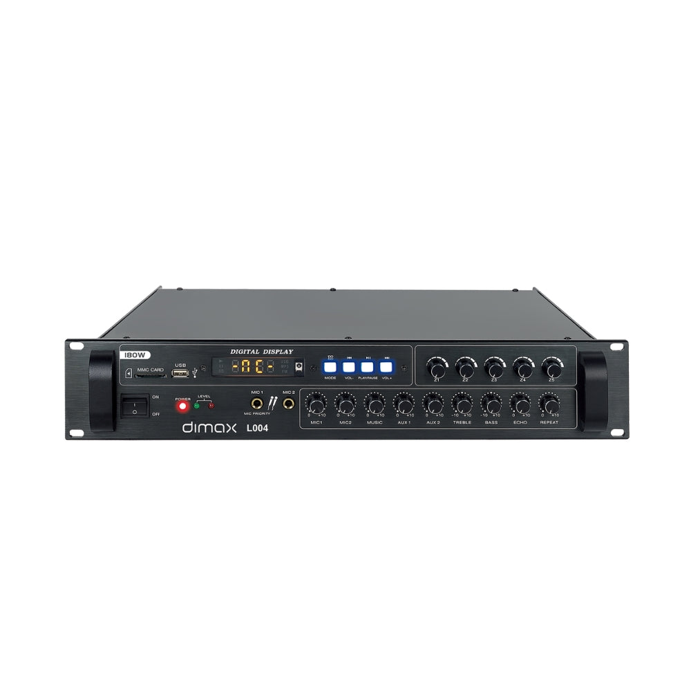 Amplificador Dimax para Megafonia 180 Watts Entrada 2CH MIC 2 Aux Agudos y Graves Ajustables 5 Zonas Funcion USB SD FM BT Indicador de Voz L004
