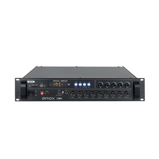 Amplificador Dimax para Megafonia 180 Watts Entrada 2CH MIC 2 Aux Agudos y Graves Ajustables 5 Zonas Funcion USB SD FM BT Indicador de Voz L004