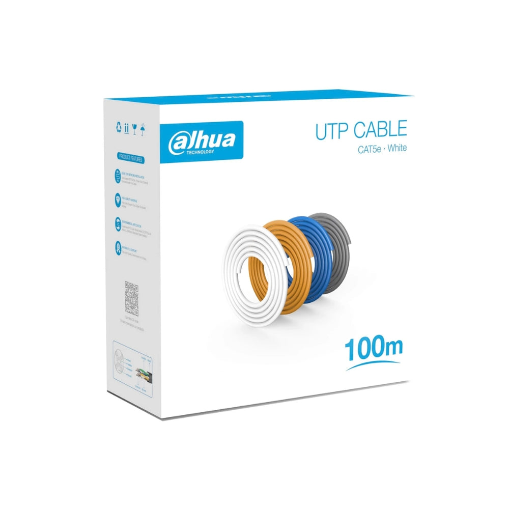 Rollo de 100 Metros Cable UTP Dahua Cat5E 100% Cobre 24AWG Material HDPE Estandar ANSI/TIA 578-C.2-2009 UL444-2008 DH-PFM920I-5EU-U-100