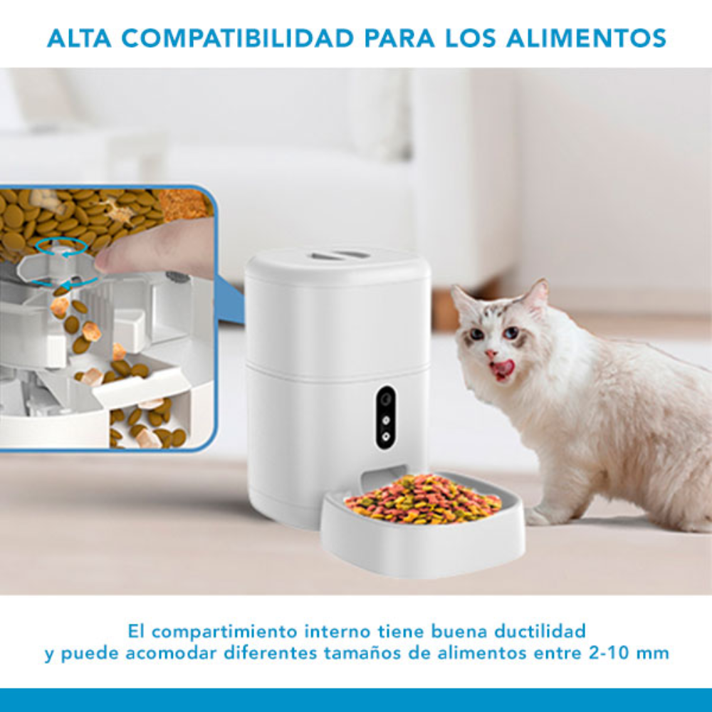 Alimentador Dimax Inteligente para Mascota Capacidad 4 Litros con Camara FHD de 3MP Vision Nocturna y Audio 2 Vias Alimentacion 220VAC y Pilas G107