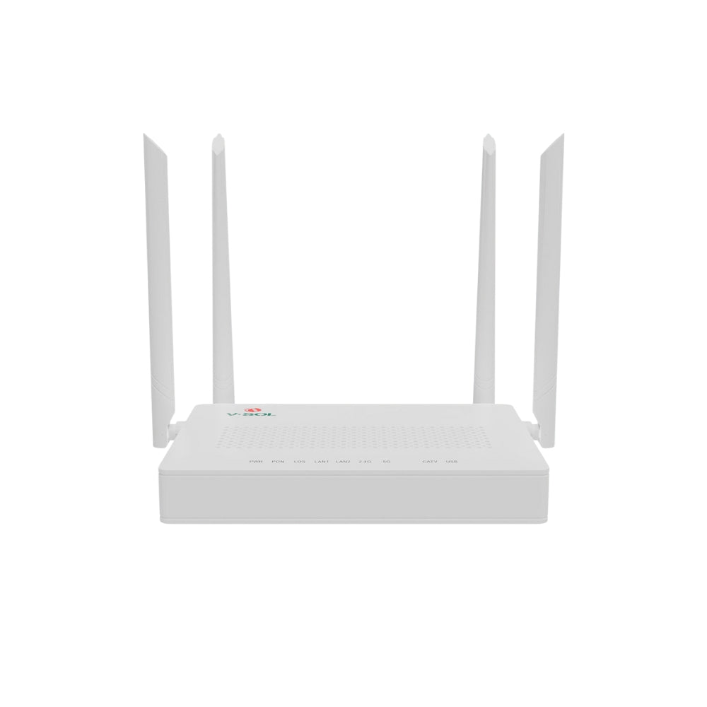 ONU V-Sol modo Dual XPON EPON GPON WiFi5 AC1200 2.4 y 5GHz XPON+2GE+WiFi5+USB 3.0+CATV RF Conector SC/APC 4xAntenas 5dBi IPv6 QoS L3 Firewall V2802ACT