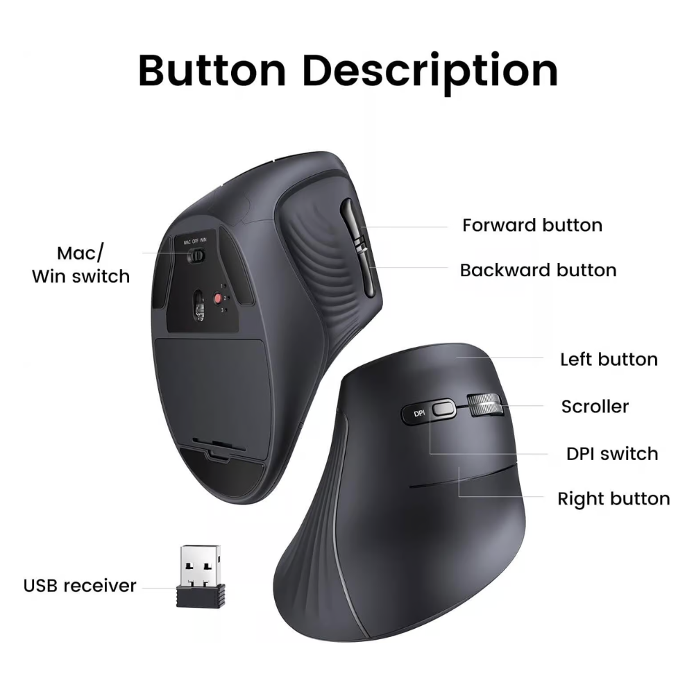 Mouse Ugreen Inalambrico Dual Vertical conecta hasta 3 Dispositivos en Simultaneo Bluetooth 5.0 y USB-A 2.4GHz compatible con Windows MAC Android y Chrome OS hasta 4000 DPI 25444