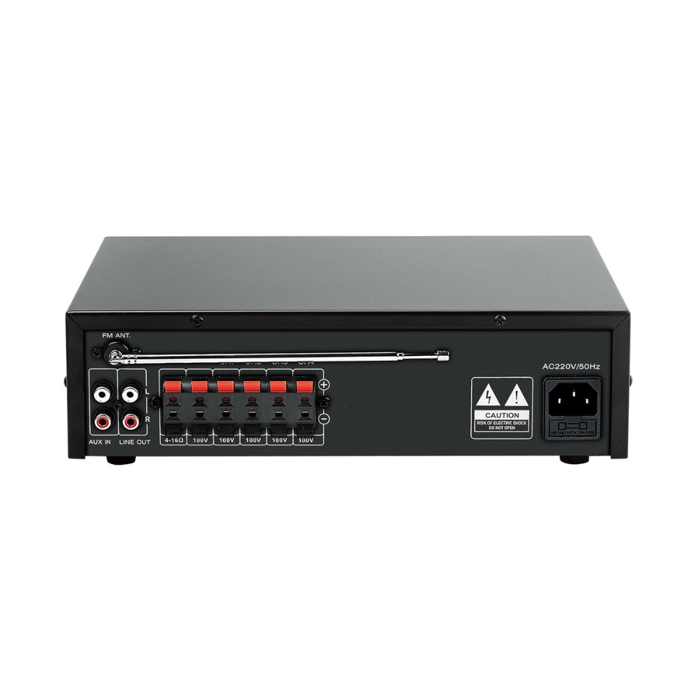 Amplificador Dimax para Megafonia 55 Watts Entrada 2xMIC Funcion USB SD FM BT Indicador de Voz L002