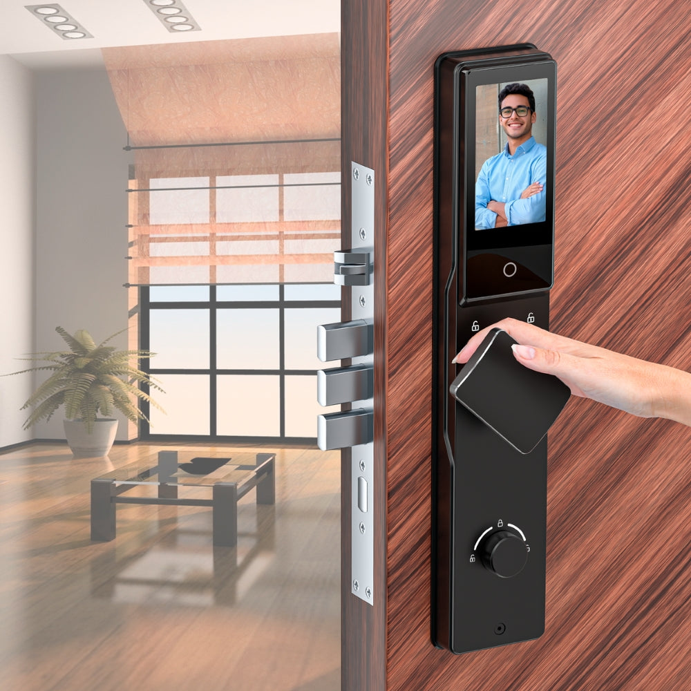Cerradura Inteligente Dimax Aleacion de ALuminio Funcion Camara Funciona con APP Reconocimiento Facial 3D Huella Tarjeta Llave Contraseña Alimentacion Bateria Litio diseño Moderno Mortaja 6068 color Negro B030
