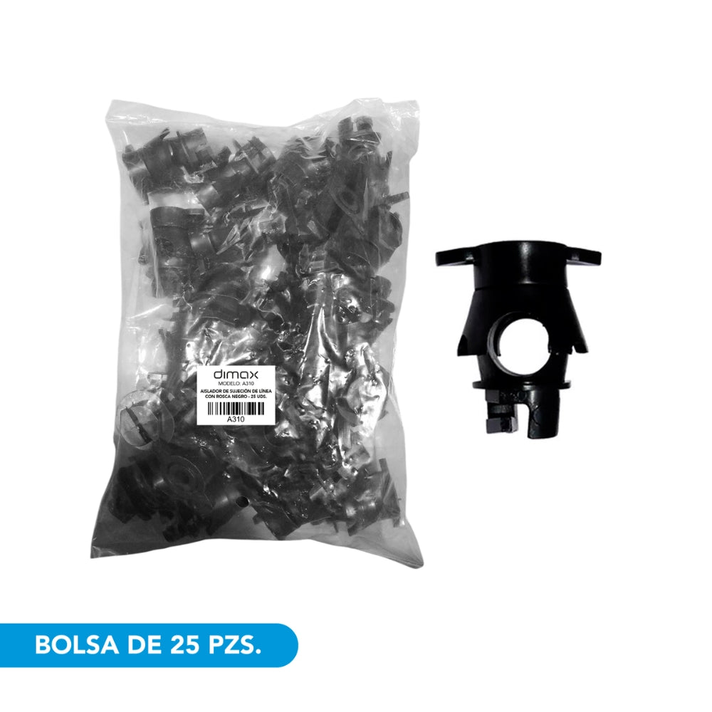 Aislador Dimax para Cercas Electricas de Sujecion de Linea con Rosca para varilla Circular Aislacion hasta 12KV Bolsa de 25 piezas color Negro A310
