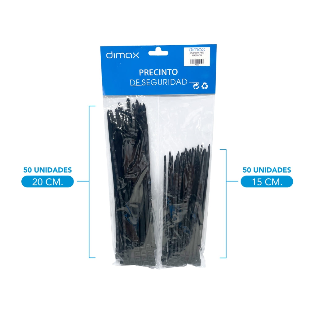 Pack de Precintos Dimax de Plastico 50 piezas de 15cm y 50 piezas de 20cm color Negro F323