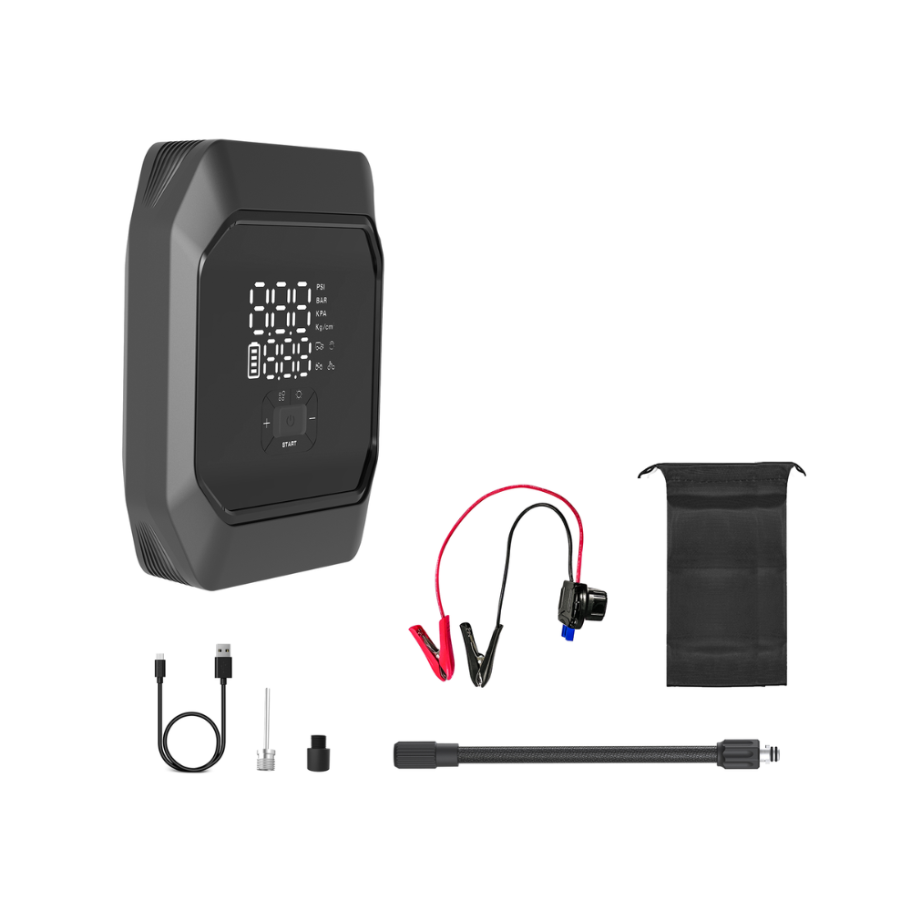 Compresor de Aire y arrancador Dimax hasta 160PSI con 5 Modos Bici Moto Auto Balon y Manual Power Bank 2000mAh N101