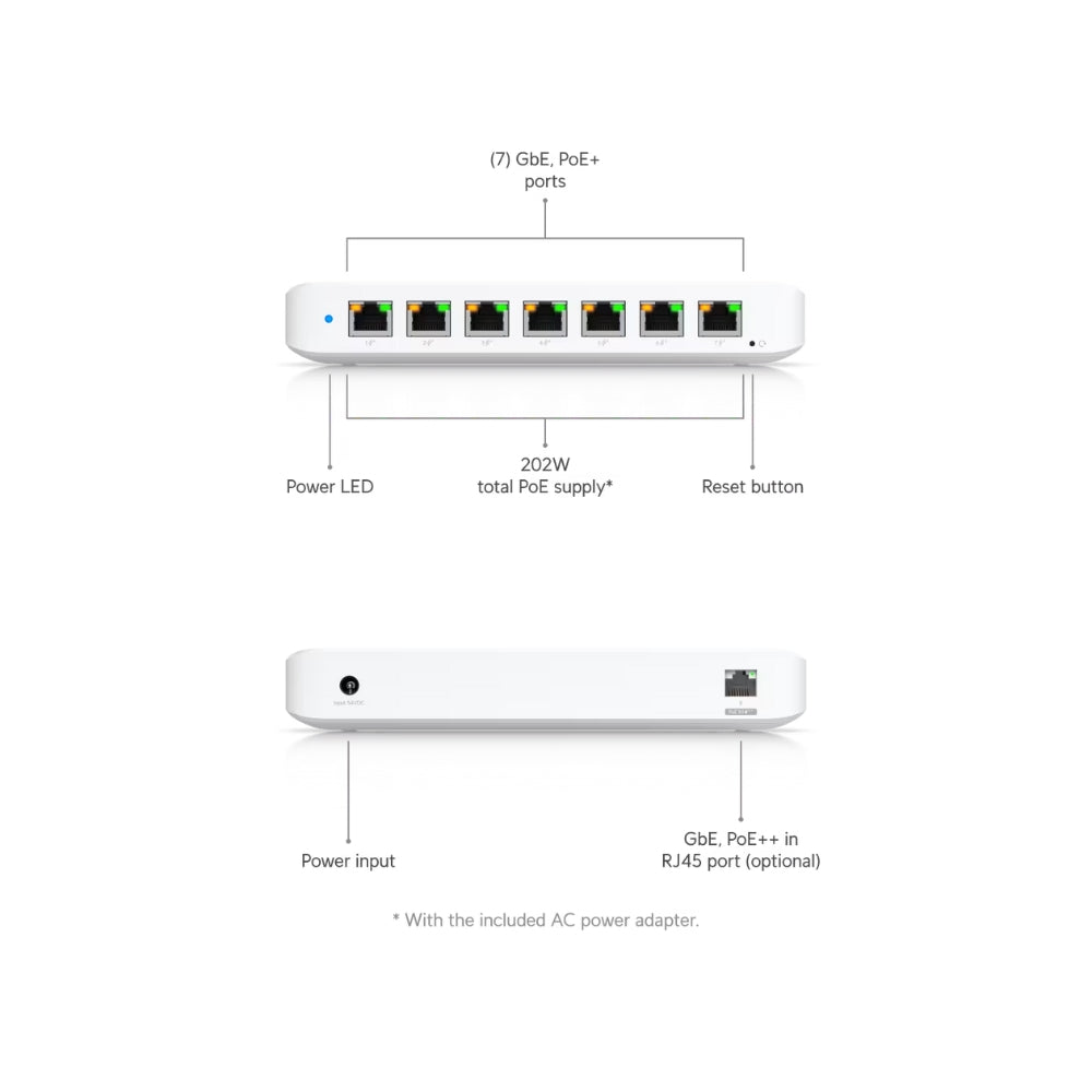 Switch Ubiquiti Ultra 210Watts 8xGigabit PoE 1xPuerto PoE++ 7xPuertos PoE+ Switching 16Gbps Consumo Total 210Watts UB-USW-ULTRA-210W