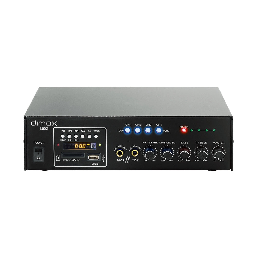 Amplificador Dimax para Megafonia 55 Watts Entrada 2xMIC Funcion USB SD FM BT Indicador de Voz L002