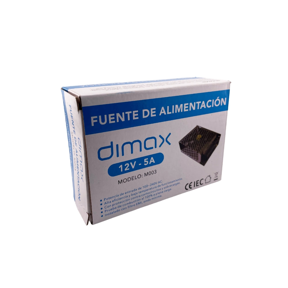 Fuente de Poder Dimax Tipo Rejilla Salida 12Vdc 5Amp Bornera de Conexion General Soporta Camara Chapa y Control de Acceso M003