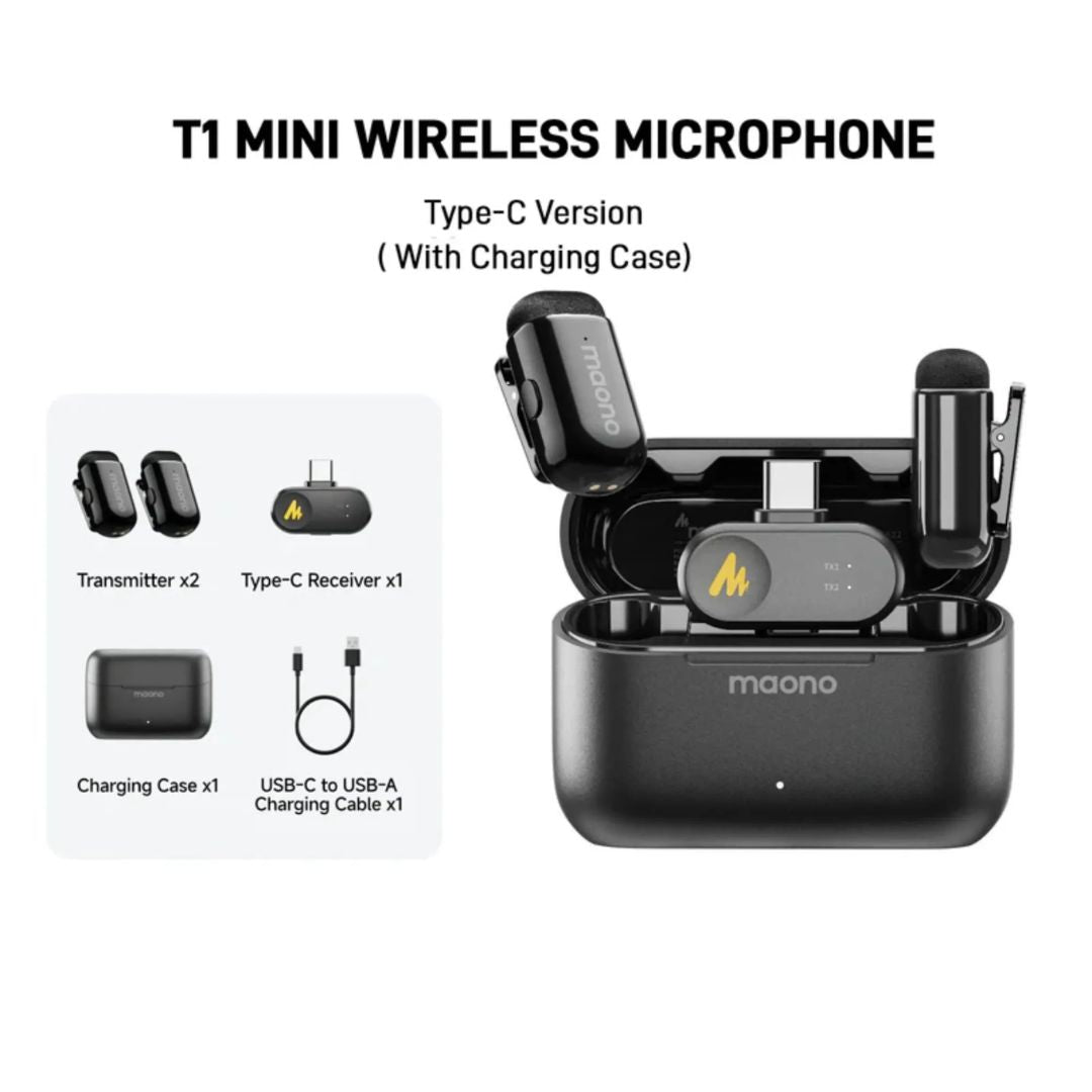 Microfono Inalambrico Maono Ultracompacto con 4 Niveles de Cancelacion de Ruido Alcance hasta 100metros Certificado MFI Puerto USB-C Bateria 6 Horas WAVE T1 MINI