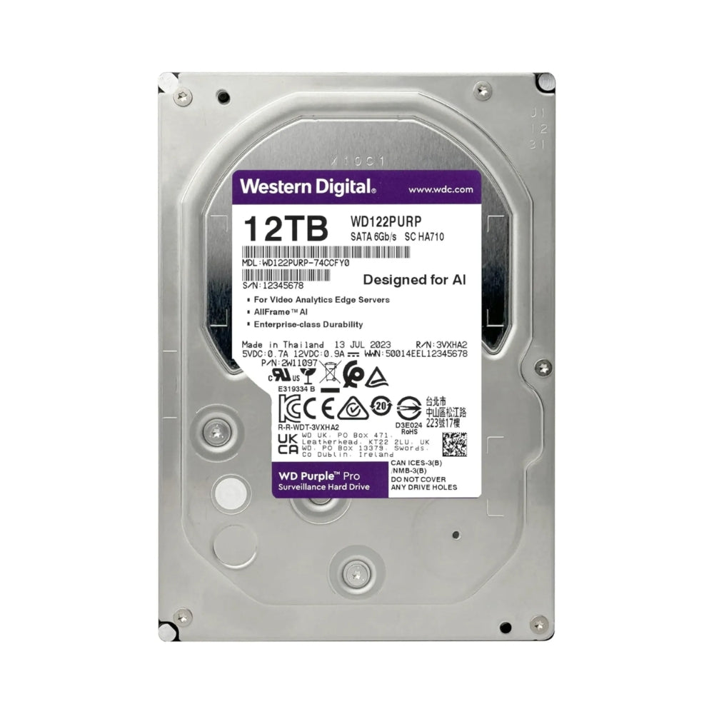 Disco Duro Western Digital Purpura Pro 12TB 7200RPM Sata 6Gbps 3.5" Trabajo 24/7 para Video Vigilancia con IA WD122PURP