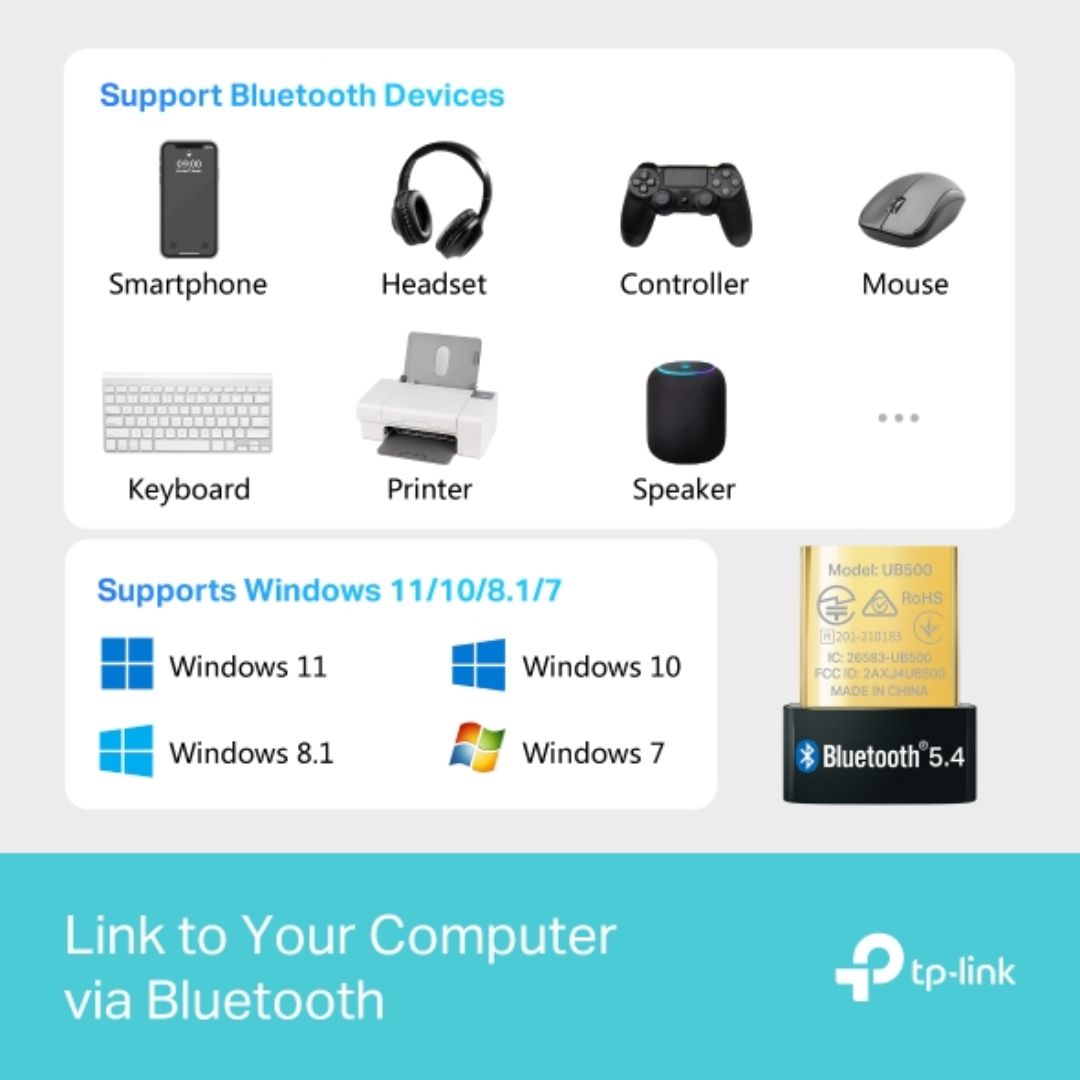 Adaptador TP-Link USB a Bluetooth 5.0 Compatible con Windows UB500