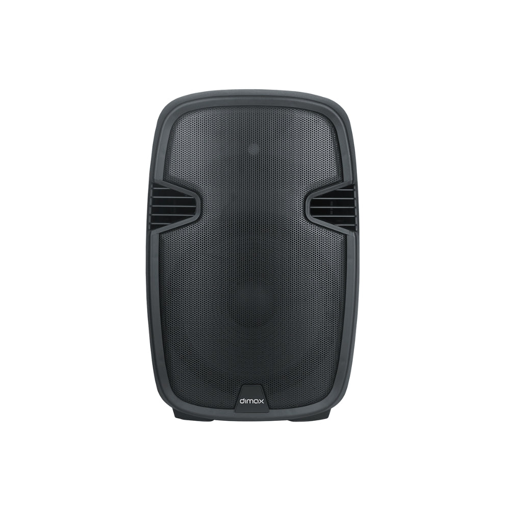 Parlante de Voz Dimax Altavoz 15" + 2 Microfonos UHF Potencia 180Watts RMS USB FM SD BT 8ohmios Alimentacion 90-220Vac 12Vdc L007