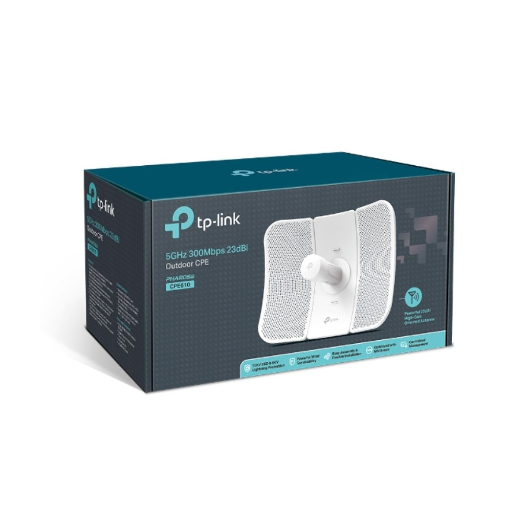 CPE TP-Link Outdoor Antena 23dBi 2x2 MIMO 5GHz 300Mbps Tecnologia Pharos Maxtream TDMA 1xEthernet 10 100Mbps IP65 CPE610