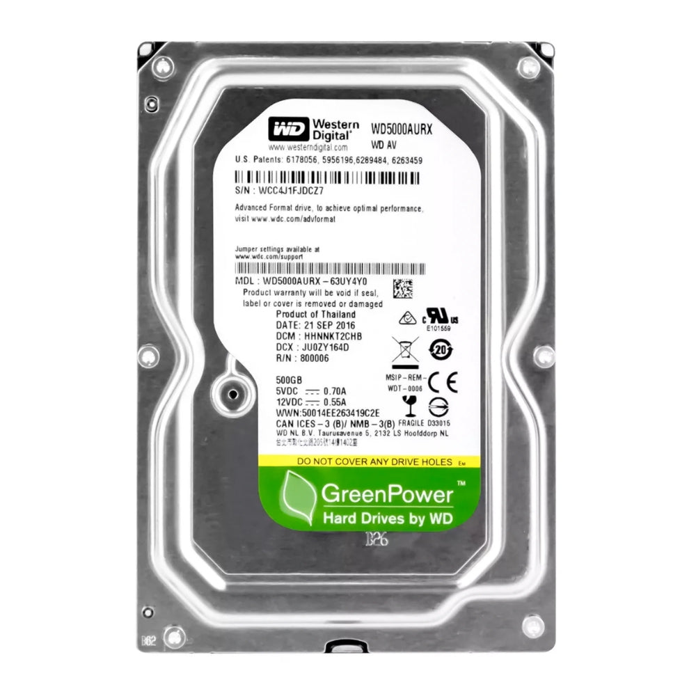 Disco Duro Western Digital Verde 500GB 5400RPM Sata 6Gbps 3.5" Trabajo 24/7 Cache 64MB para Video Vigilancia Reacondicionado WD5000AURX