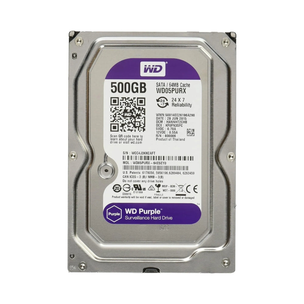 Disco Duro Western Digital Purpura 500GB 5400RPM Sata 6Gbps 3.5" para Video Vigilancia Reacondicionado WD05PURX-P