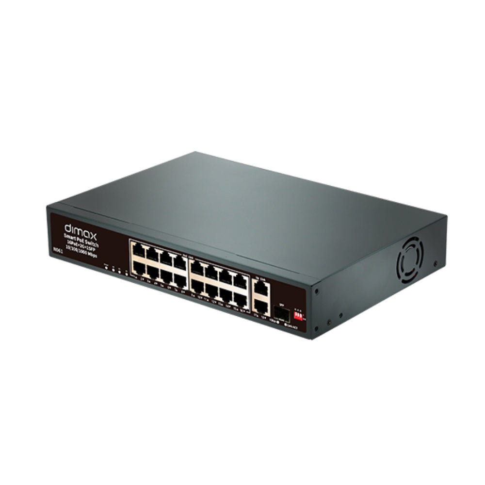 Switch Dimax de 16 Puertos 100Mbps 802.3AF/AT POE hasta 30W por puerto + 2 Enlaces UpLink 1Gbps + 1 Puerto SFP 1Gbps N061