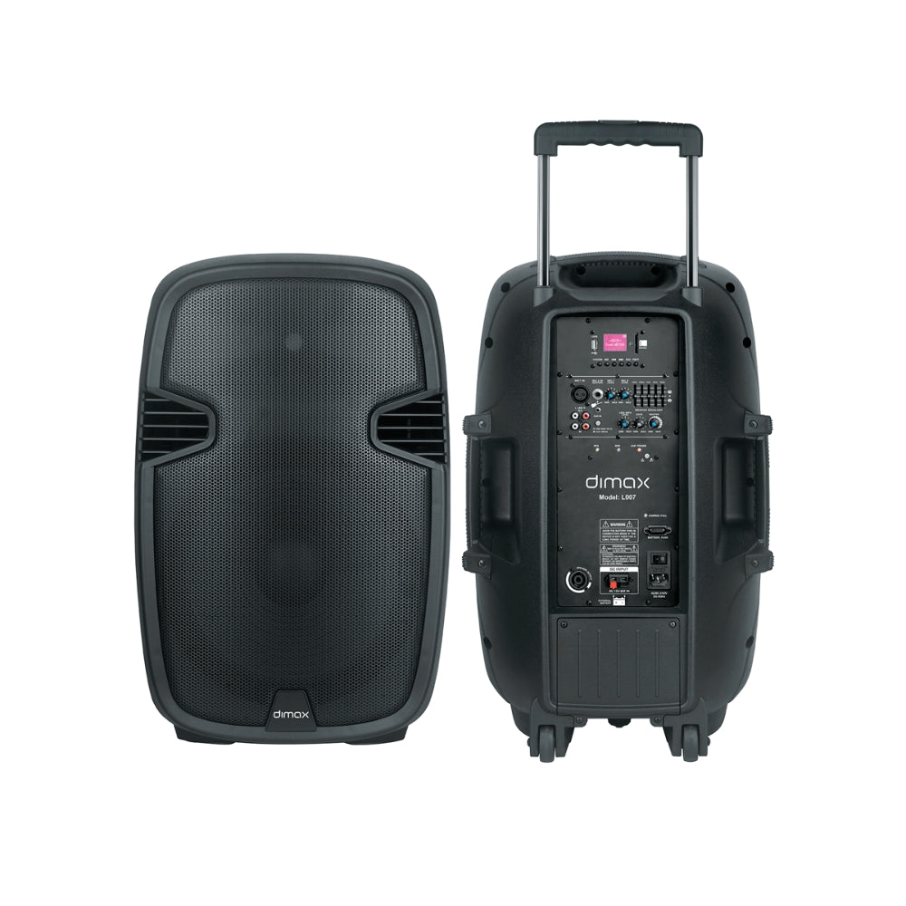 Parlante de Voz Dimax Altavoz 15" + 2 Microfonos UHF Potencia 180Watts RMS USB FM SD BT 8ohmios Alimentacion 90-220Vac 12Vdc L007