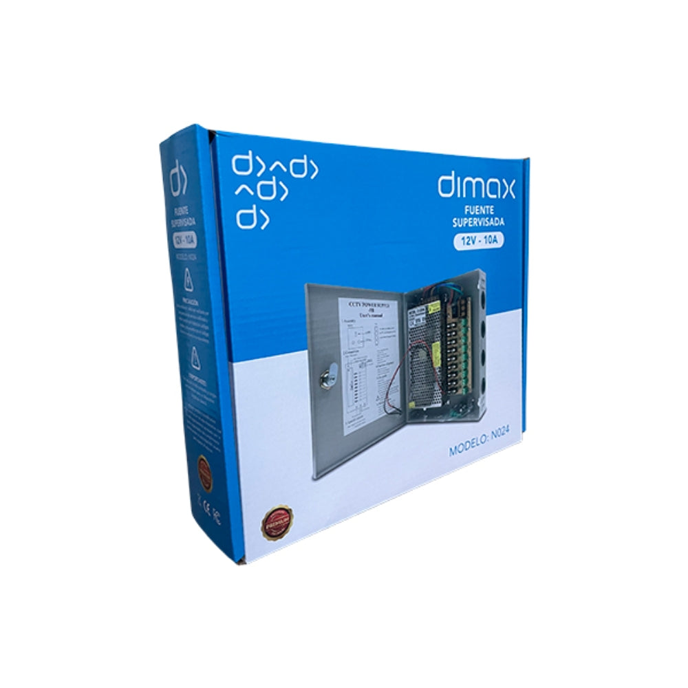 Fuente Supervisada Dimax 12Vdc 10Amp con 9 Salidas para Camaras Caja Metalica Fusible General y por Canal N024
