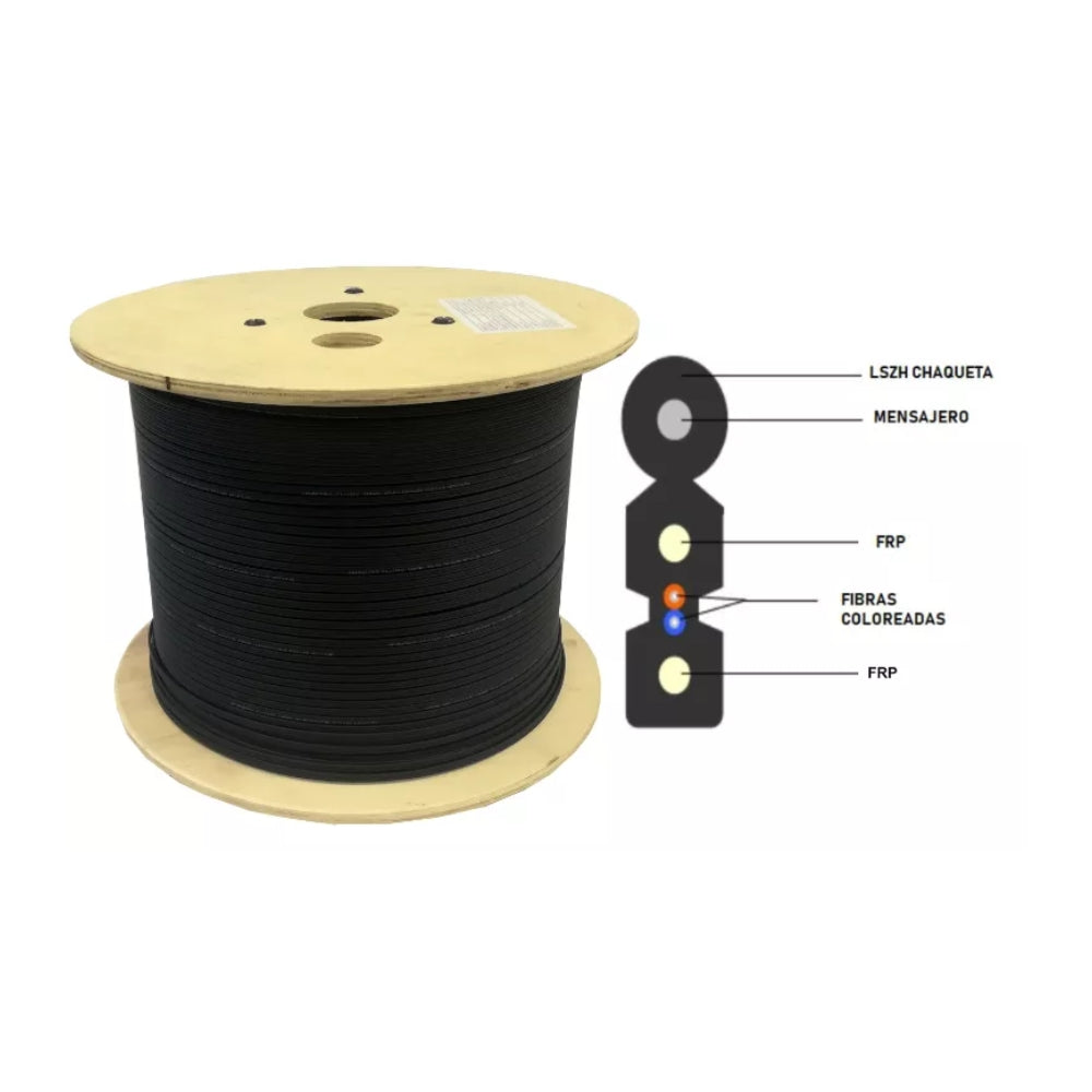 Cable Drop FRP Fibra de Vidrio Dimax 2 hilos con Mensajero Polyester G657A1 LSZH 2.0/5.0mm Carrete de 1KM DM-FTTH-PY2C-1K