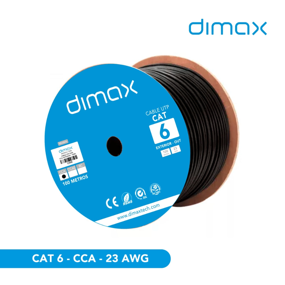 Cable Ethernet UTP Dimax Categoria 6 24AWG CCA Aleacion Longitud 100 Metros color Negro con Carrete C896