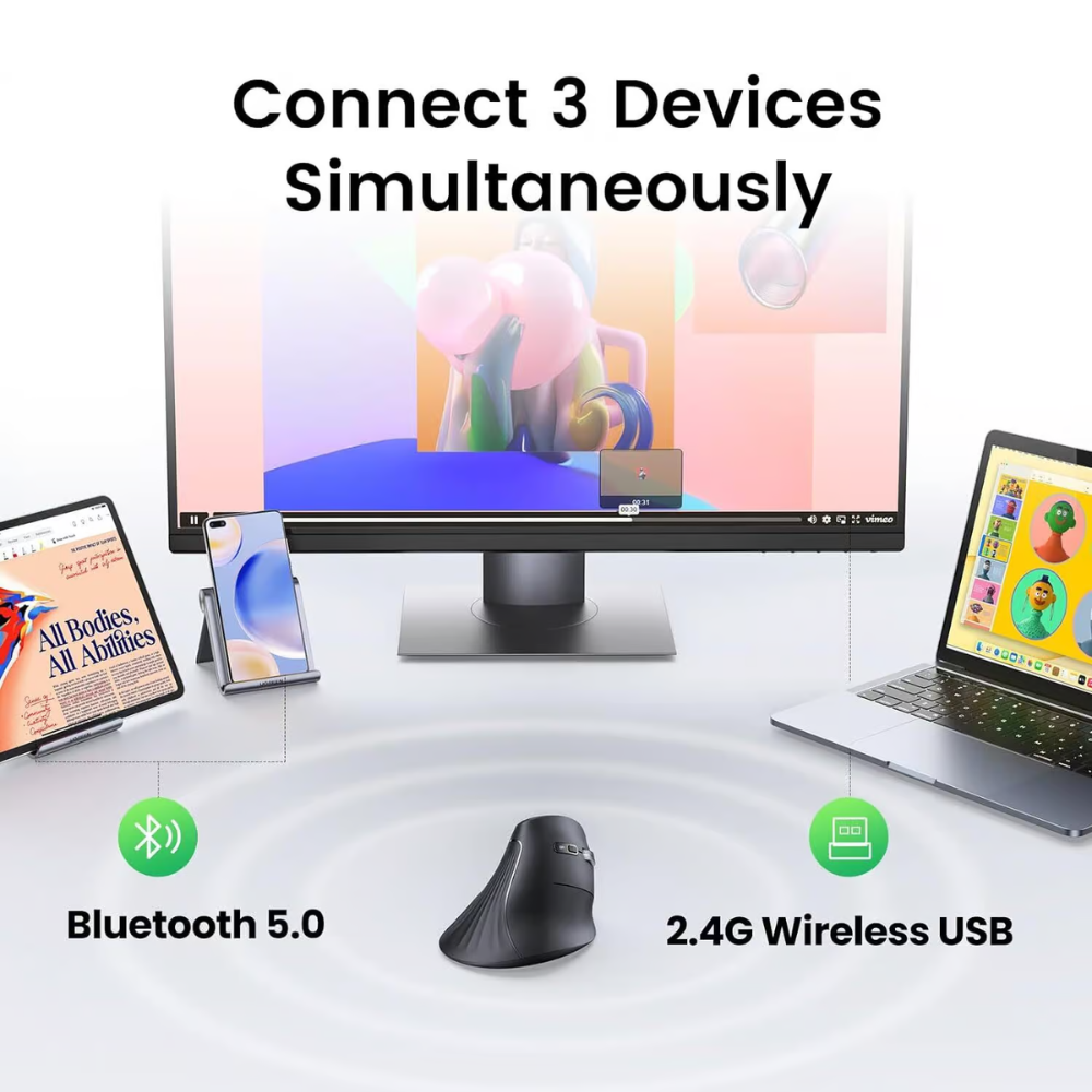 Mouse Ugreen Inalambrico Dual Vertical conecta hasta 3 Dispositivos en Simultaneo Bluetooth 5.0 y USB-A 2.4GHz compatible con Windows MAC Android y Chrome OS hasta 4000 DPI 25444