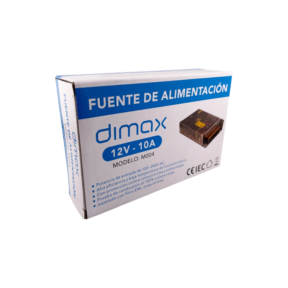Fuente de Poder Dimax Tipo Rejilla Salida 12Vdc 10Amp Bornera de Conexion General Soporta Camara Chapa y Control de Acceso M004