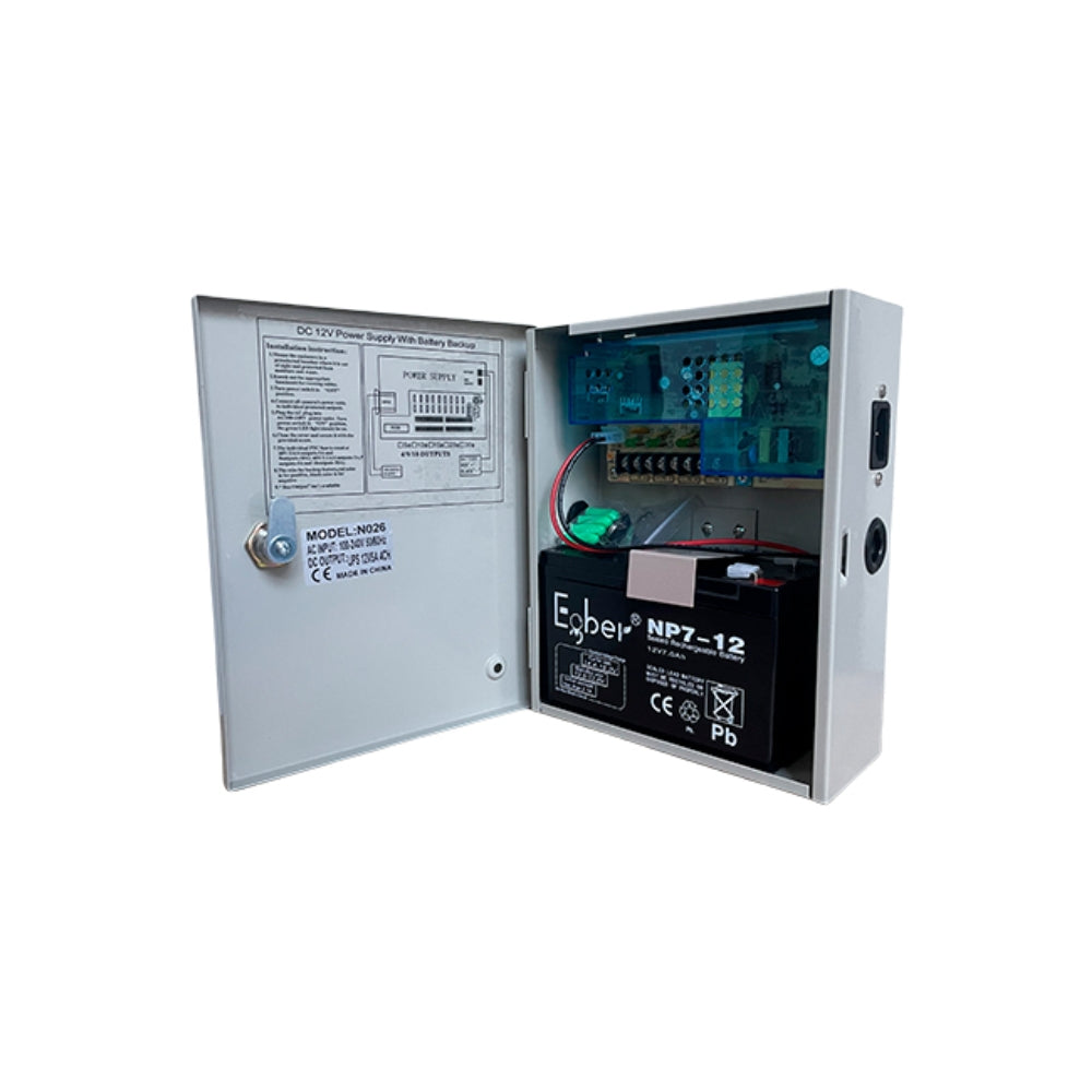 Fuente Supervisada Dimax 12Vdc 5Amp con 4 Salidas para Camaras Caja Metalica Fusible General y por Canal incluye Bateria 12Vdc 7Amp N026