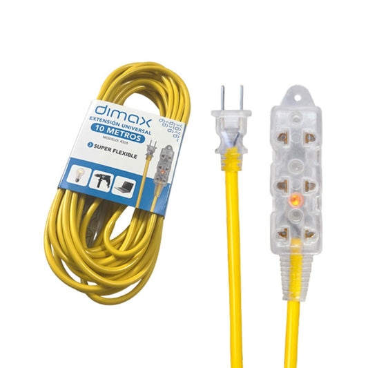Extension Universal Dimax 10M Flexible con 3 Enchufes Universales Tipo B maximo 10Amp Clavija Plana R305
