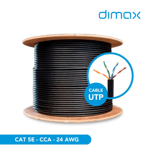 Cable Ethernet UTP Dimax Categoria 5E CCA Exterior Aleacion Longitud 100 Metros 24AWG 4Pares 0.50mm Pass Fluke Chaqueta Simple color Negro C922