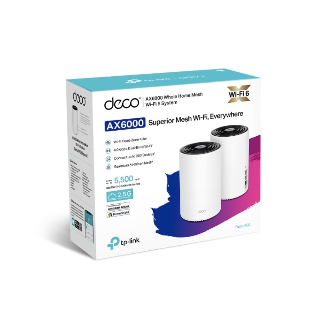 Sistema WiFi 6 Mesh TP-Link Deco X80 (2-Pack) AX6000 Elimina Zonas Muertas Roaming Conexiones sin Lag Control Parental Compatible con Todos los Decos Soporta 4K 8K Deco X80(2-pack)