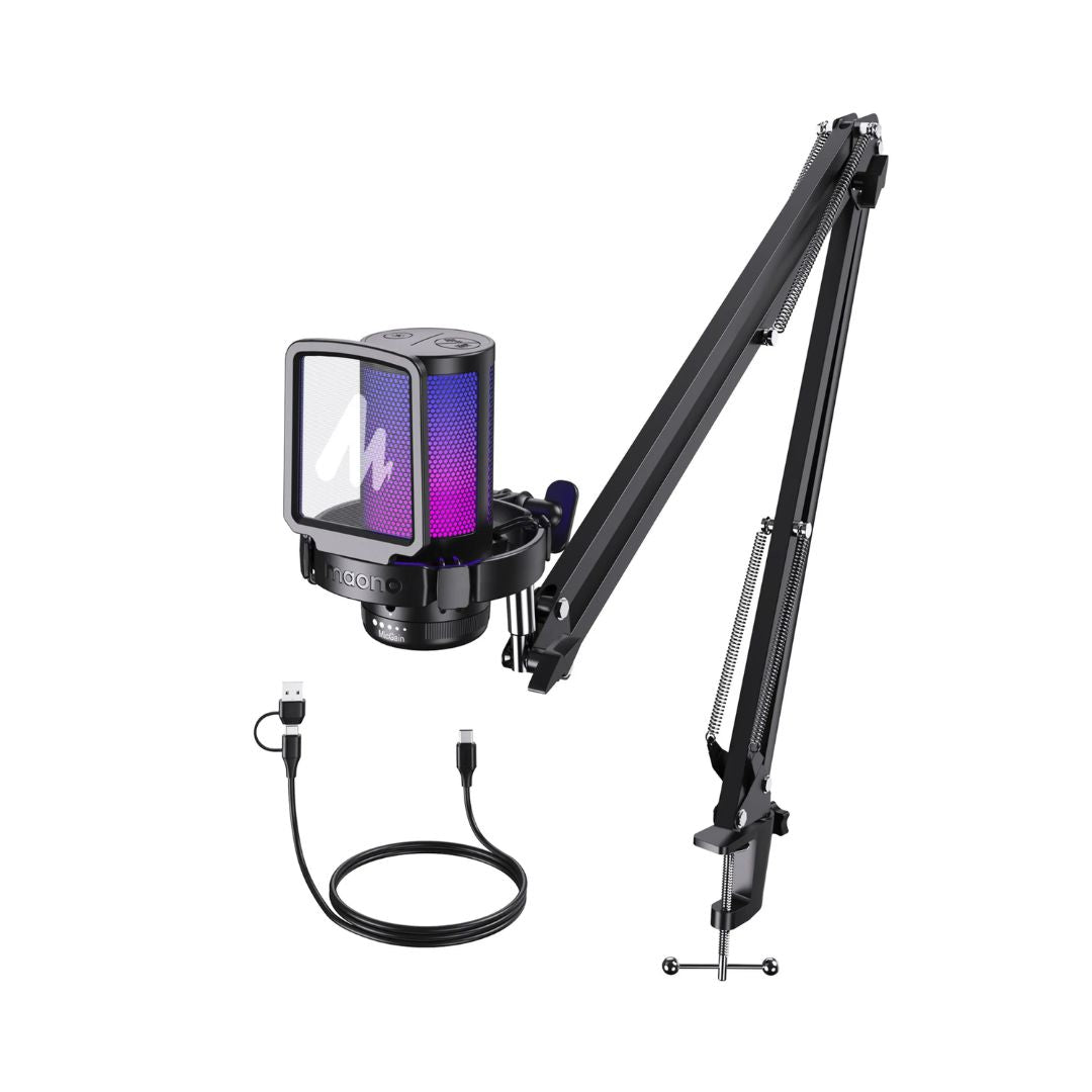 Microfono Inalambrico Maono de Escritorio RGB Brazo Hidraulico Cambio de Voz con IA Bateria de Larga Duracion hasta 75 Horas Cancelacion de Ruido a 1 Clic DGM20S