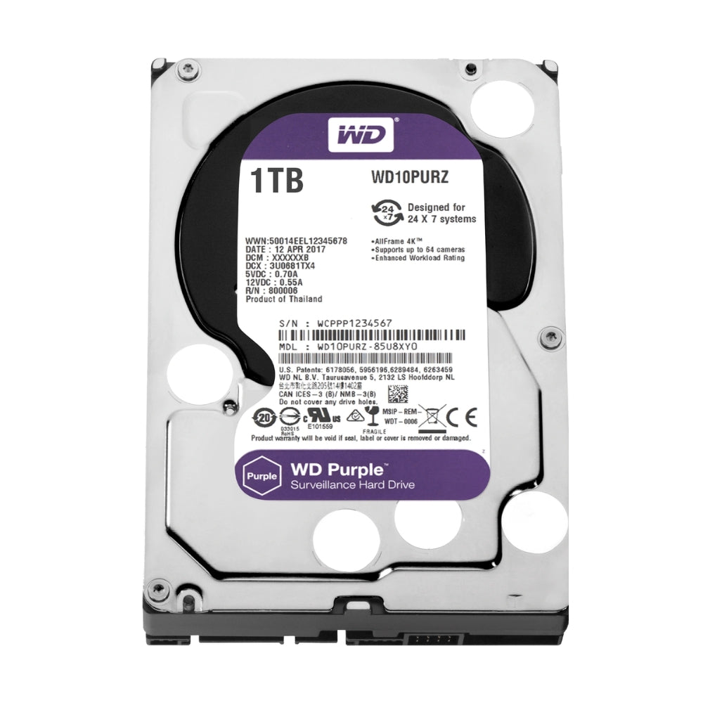 Disco Duro Western Digital Purpura 1TB 5400RPM Sata 6Gbps 3.5" Trabajo 24/7 para Video Vigilancia WD10PURZ