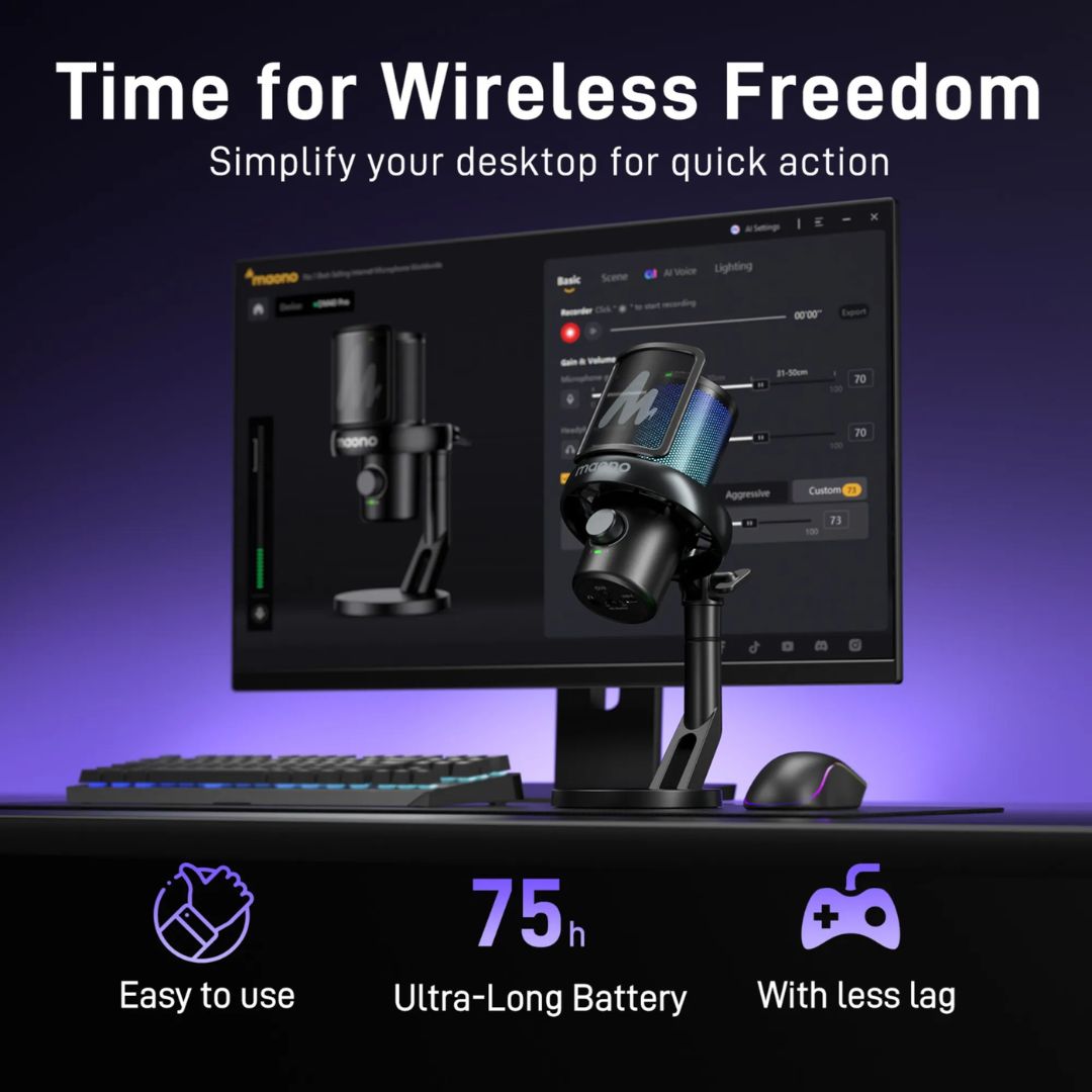 Microfono Inalambrico Maono de Escritorio RGB Cambio de Voz con IA Bateria de Larga Duracion hasta 75 Horas Cancelacion de Ruido a 1 Clic DM40 PRO